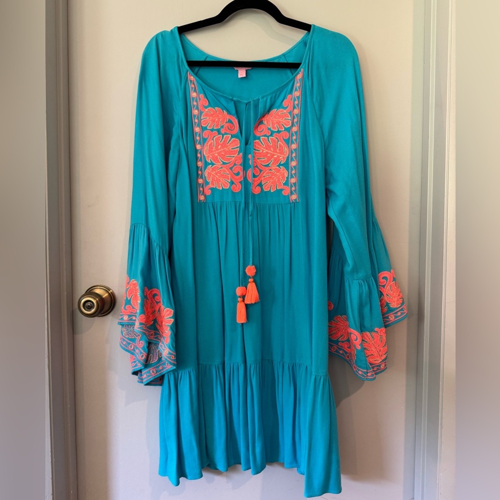 Lilly Pulitzer embroidered teal & orange dress with statement sleeves Sz L